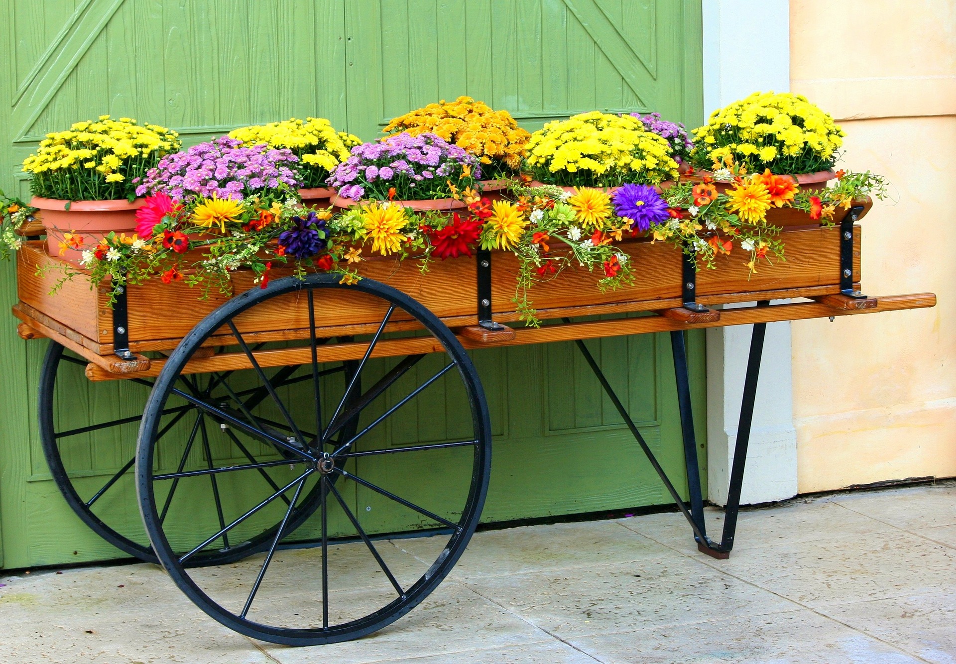 Holzwagen gefüllt mit verschiedenen Blume