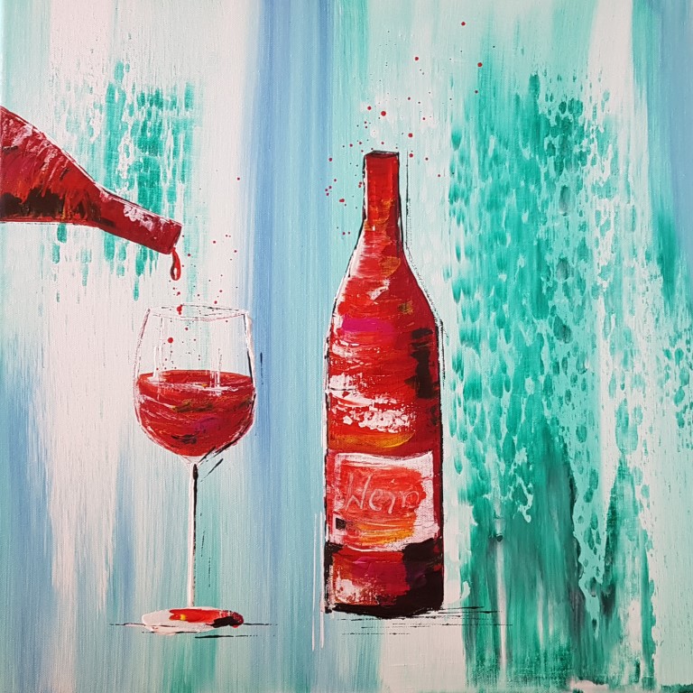 Gemälde mit Rotweinflasche und Glas