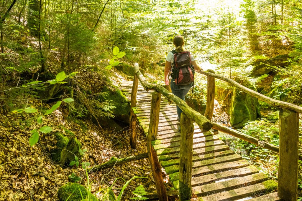 Wanderin über eine Holzbrücke im Eiderbachtal