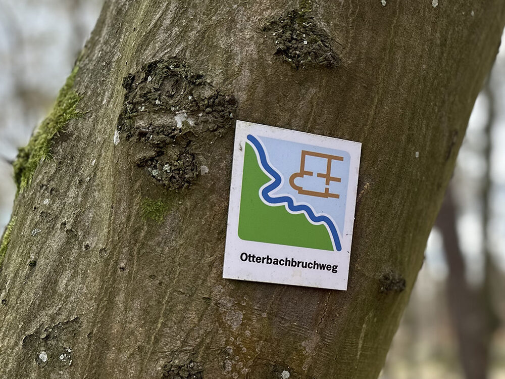 Markierung des Oberbachbruchwegs an einem Baumstamm