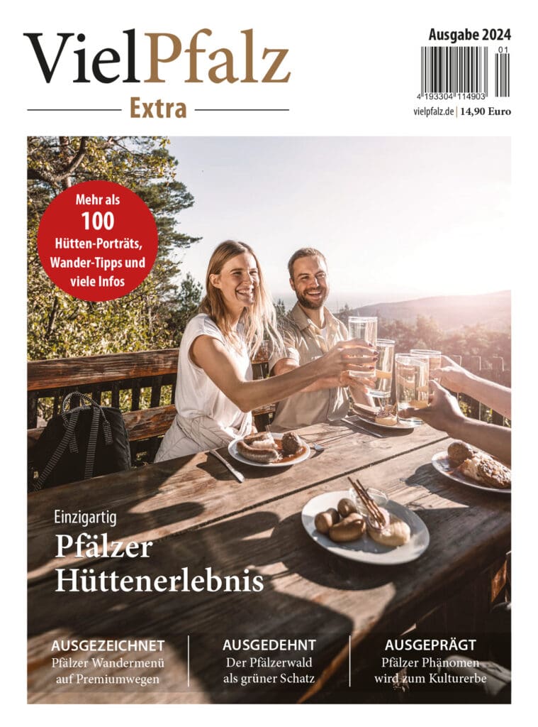Das Titelbild des VielPfalz Extra zeigt Menschen an einem gedeckten Hüttentisch.